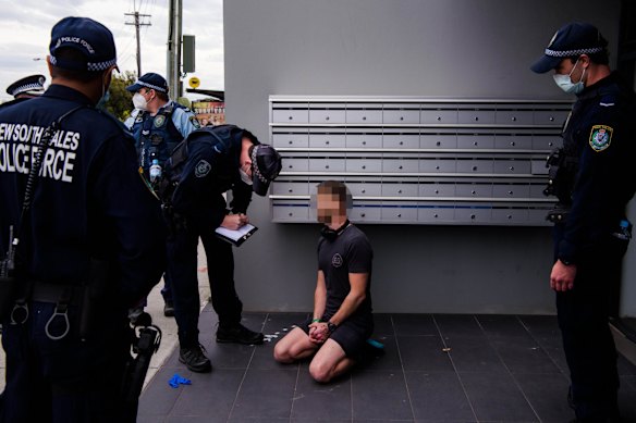 A man was arrested on Sydney Park Rd, possibly for not having a mask, as a heavy police presence patrolled Sydney Park in anticipation of anti-lockdown protests.