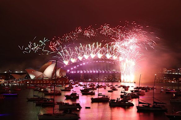 The New Years Eve Fireworks in Sydney Harbour as seen from Mrs Macquaries Point in Sydney at midnight, Jan 1, 2021. Bring on the New Year!