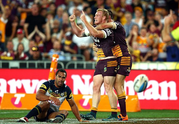 Jack Reed celebrates his first-half try. 