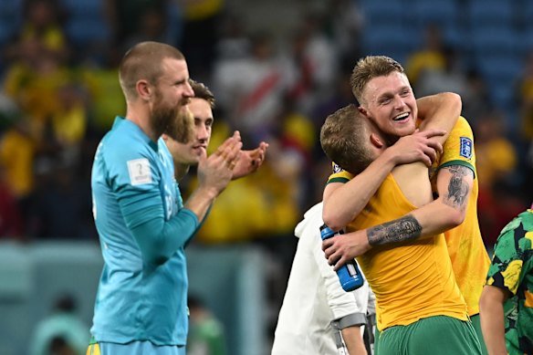 Australia players celebrate after their 1-0 win during the FIFA World Cup Qatar 2022 Group D match between Australia and Denmark. November 30, 2022.
