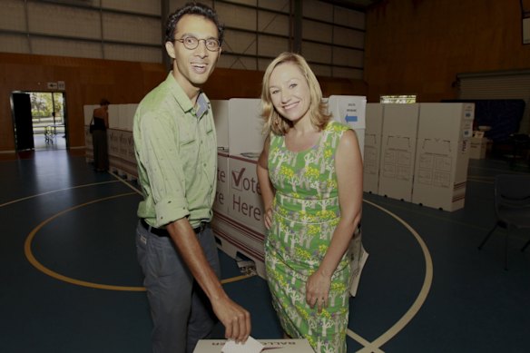 Greens candidate for South Brisbane Jonathan Sri with Greens Senator Larissa Waters at West End State School.