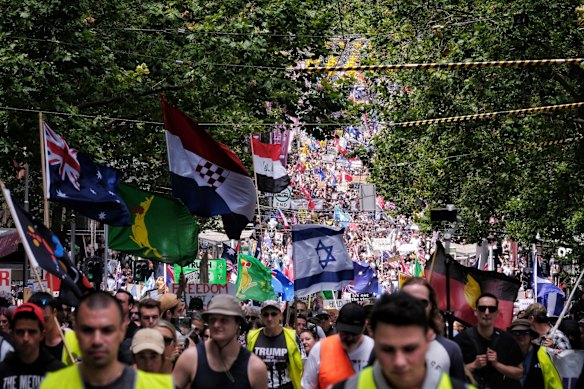 Crowds attending Eureka Freedom rally, Melbourne.