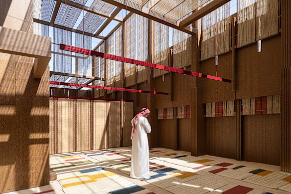 Drawings, films and architectural fragments of a pavilion mosque created from the prunings of date palms are included in the NGV exhibition