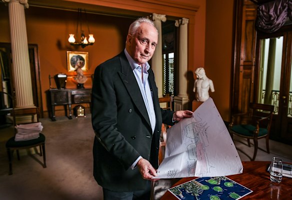 Former Prime Minister Paul Keating in his Sydney office with his drawing of the Headland Park .