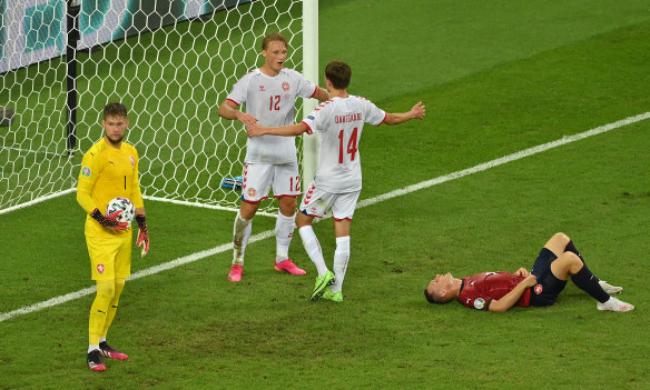 Kasper Dolberg of Denmark celebrates with Mikkel Damsgaard after scoring his side’s second goal during the UEFA Euro 2020 Championship quarter-final match.