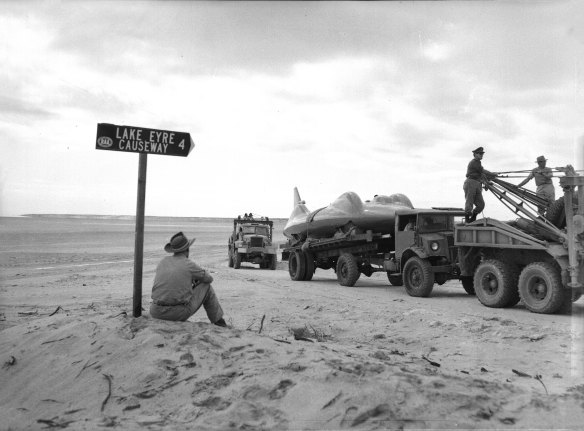Bluebird being removed from Lake Eyre, May  18, 1963.