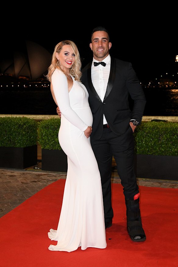 St George Dragons player Paul Vaughan and wife Ellie arrive at the Dally M Awards.
