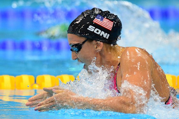 Rebecca Soni of the United States competes in the women's 200m breaststroke. Soni set a new world record time of 2m 19.59s for the event.
