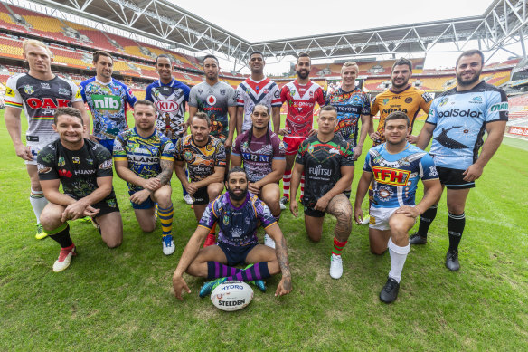 Looking the part: Players from all 16 NRL clubs reveal the Indigenous round jersey for 2018.