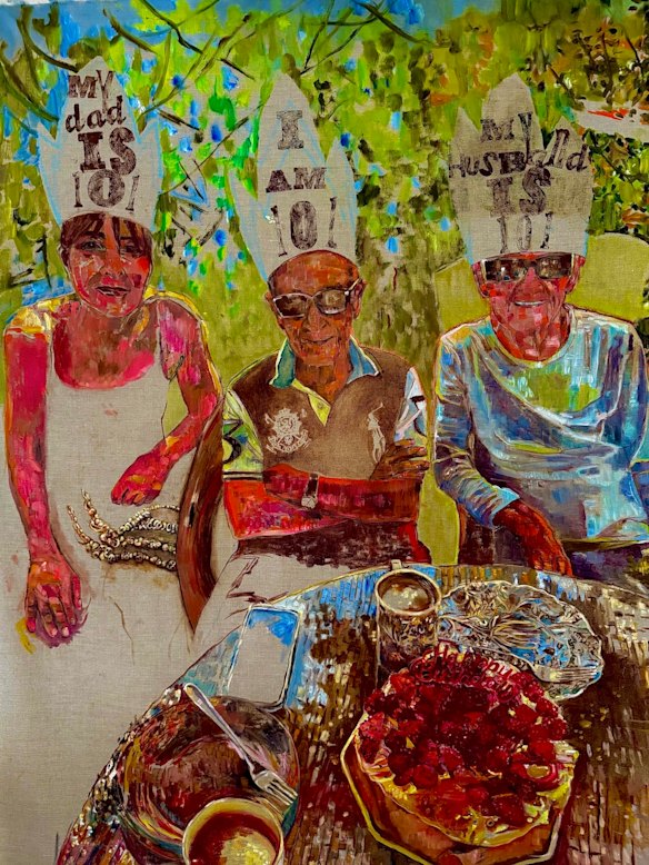 Pat Hoffie won the Brisbane Portrait Prize with her self-portrait, Family Birthday (QLD).