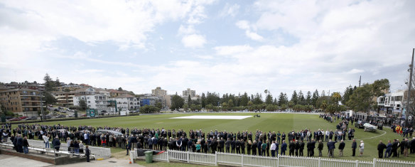 The scene at Jeffrey Sayle's beloved Coogee Oval for his funeral on Friday.