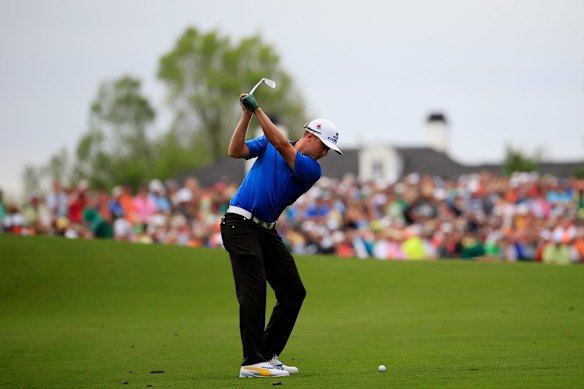 Jonas Blixt of Sweden hits his second shot on the 18th.