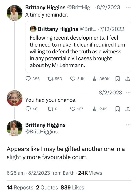 Posts by Brittany Higgins on social media platform X, tendered in Bruce Lehrmann’s defamation case.
