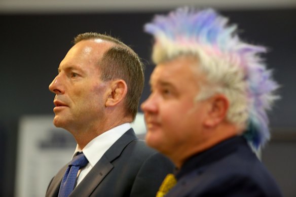 Prime Minister Tony Abbott meets Geelong Mayor Darren Lyons during a media engagement at Simonds Stadium, the home of the Geelong Cats on March 31, 2015 in Geelong, Australia.  