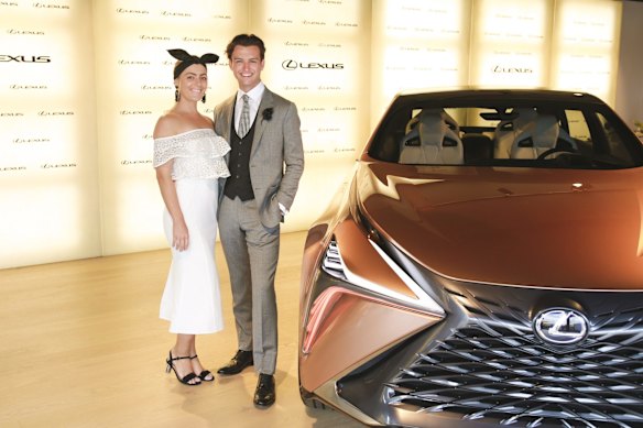 Lauren Porter and Cameron Robbie at the Lexus marquee on Derby Day 2018.