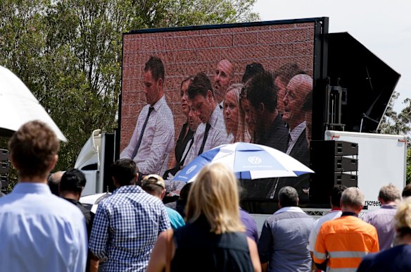 Phillip Hughes funeral at Macksville High School. The community watching th funeral on the big screen in the school. 
Photo: Edwina Pickles. 
3rd Dec 20014.