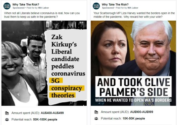 WA Labor Facebook ads have included attacks against former Opposition Leader Liza Harvey and the running of Liberal a candidate who wrote an opinion piece linking COVID-19 spread to 5G technology.