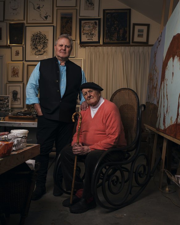 Portrait of Sydney gallery owner Tim Olsen and his father, artist John Olsen, photographed at Johns home and studio in Glenquarry, NSW in 2020. 