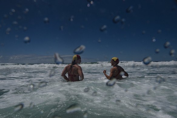 Lifeguard Nina Mills and Sally Mayman at Avalon Beach in Sydney. Northern beaches are preparing for an influx of visitors when lockdown ends.