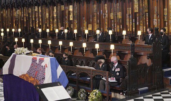 Mourners including, front row from left, Kate Duchess of Cambridge, Prince William, Prince Edward, Viscount Severn, Lady Louise Mountbatten-Windsor, the Countess of Wessex, the Duchess of Cornwall during the funeral of Prince Philip, at St George's Chapel.