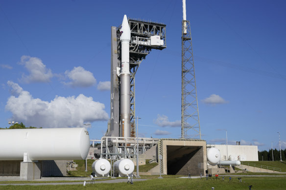 A United Launch Alliance Atlas V rocket carrying the Lucy spacecraft stands ready for launch at Launch Complex 41 at the Cape Canaveral Space Force Station, Friday, Oct. 15, 2021, in Cape Canaveral.