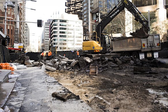 The George, Bridge and Grosvenor Streets intersection where light rail preparation works have begun.
