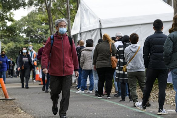Long lines outside the COVID-19 vanccination centre at Olympic Park. July 10, 2021. Photo: Rhett Wyman/SMH