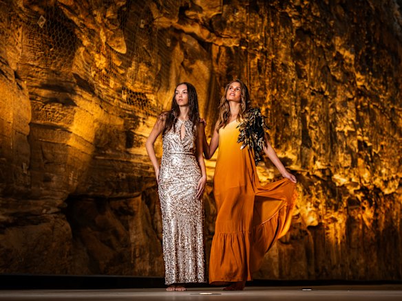 Billie-Jean Hamlet and model Kaleema Donovan wearing First Nations label Maara Collective inside The Cutaway.