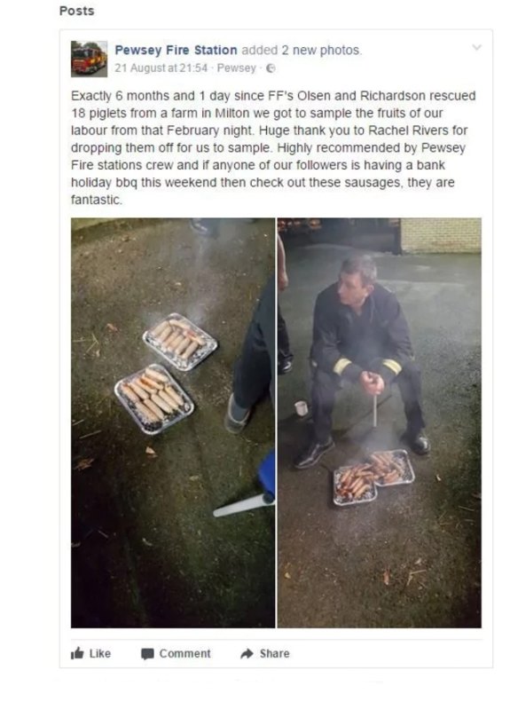 The firefighters posted a picture of the sausages on Facebook, but later removed the post.
