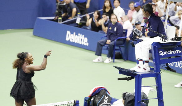 Williams gestures towards chair umpire Carlos Ramos during her US Open final defeat.