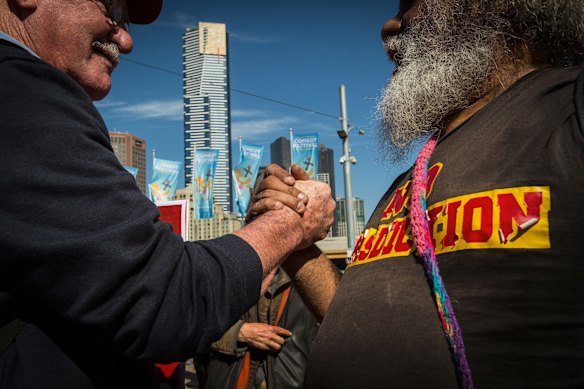 Rally against racism  protestors clashed with Reclaim Australia protestors at Federation Square under a huge police presence  on April 4, 2015 in Melbourne, Australia. 