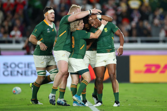 The South Africans celebrated after prevailing in the Rugby World Cup final against England.