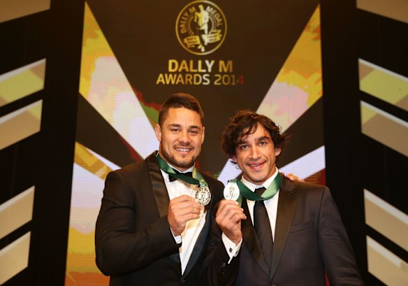 The Hayne Plane: Jarryd Hayne with Johnathan Thurston after they were named joint-winners of the 2014 Dally M Medal.