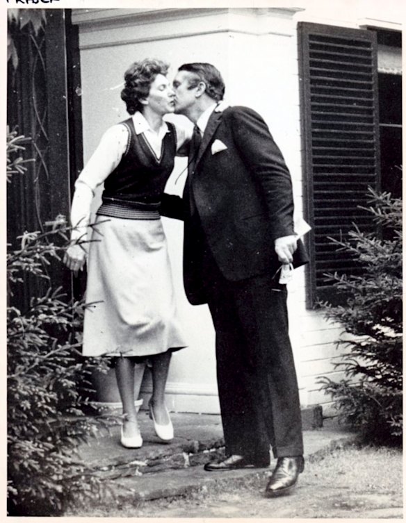 Malcolm Fraser gets a goodbye kiss form his wife Tamie as he sets off from home on the first fay of his new job as Prime Minister. 