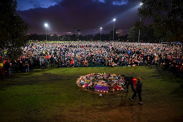 Thousand of people attend a candlelight vigil in solidarity for the Melbourne comedian Eurydice Dixon who was found dead at Princes Park in North Carlton last week. 