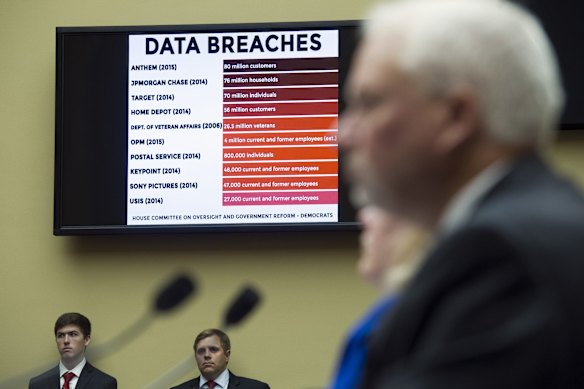 But as stakes rise, the chance of miscalculation grows. At the same time, the lack of consequences associated with cyberattacks has more voices calling for Western governments to respond, even beyond the internet. A chart of data breaches is shown on Capitol Hill in Washington in June 2015.