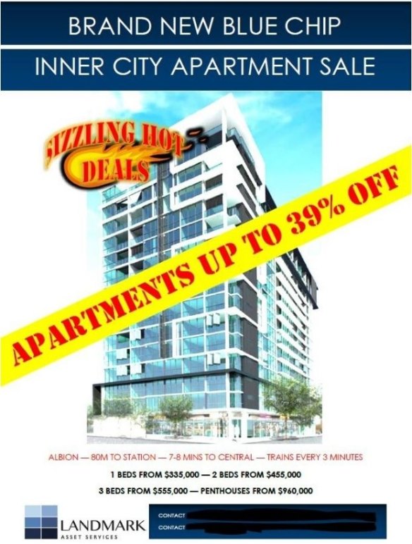 A copy of the flyer advertising apartments in The Hudson development in Brisbane's Albion.