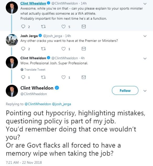 A twitter exchange between government staffer and ABC spots broadcaster Clint Wheeldon.