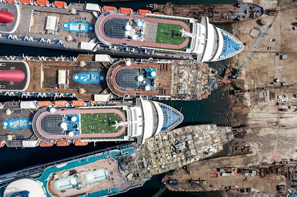 Five cruise ships are seen being broken down for scrap metal at the Aliaga ship recycling port in Izmir, Turkey. With the global coronavirus pandemic pushing the multi-billion dollar cruise industry into crisis, some cruise operators have been forced to cut losses and retire ships earlier than planned. The crisis however has bolstered the years intake of ships at the Aliaga ship recycling port with business up thirty percent on the previous year.  