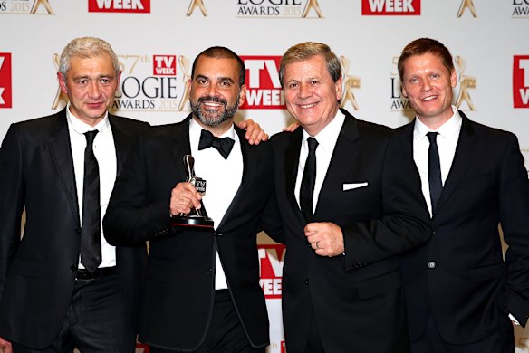 The team behind <i>First Contact</i> (including Ray Martin, second from right), winner of the Logie for Most Outstanding Factual Program.