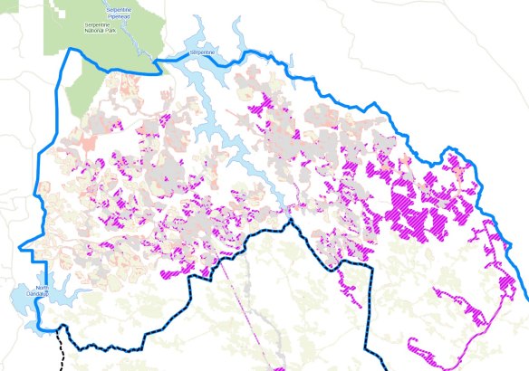 The cleared areas around Serpentine Dam (grey) pose a risk of sediment runoff into the dam and are set to increase under Alcoa’s 2023-2023 mining plan (pink) were only revealed to the public after a referral to the EPA.