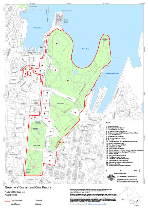 Map of the parts of Sydney now placed under federal heritage protection. 