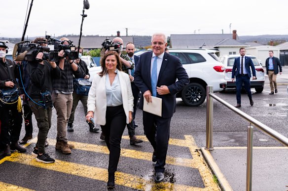 Election campaign. Australian Prime Minister Scott Morrison visits Terry White Pharmacy in Mowbray, in the seat of Bass. The Federal election will be held on Saturday 21st May 2022. Photographed Saturday 30th April 2022. 