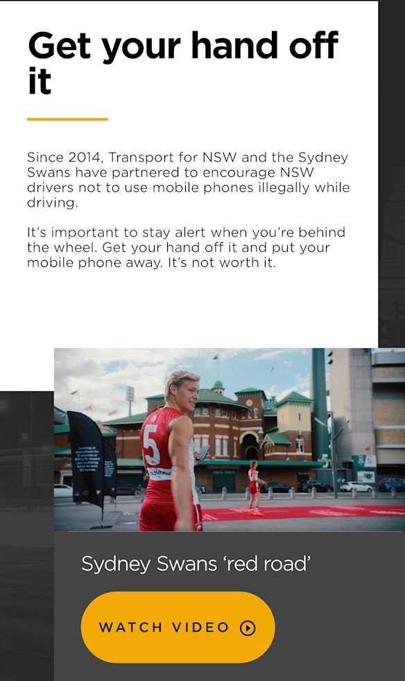 Isaac Heeney in a clip on the Sydney Swans website promoting the partnership between the Swans and Transport NSW which encourages people not to use their mobile phone when driving.