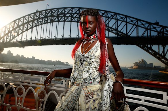 A model poses at the Camilla show at Mercedes-Benz Fashion Week Resort 17 Collections on The Seadeck boat on May 19, 2016 in Sydney, Australia.