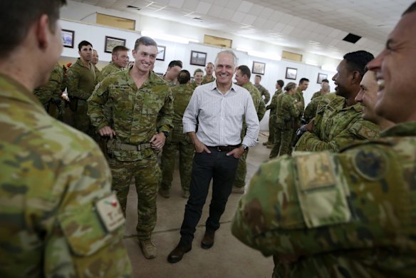 Prime Minister Malcolm Turnbull met with Australian troops at Camp Taji during a visit to Iraq.