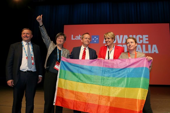 Shadow Infrastructure and Transport Minister Anthony Albanese, Senator Penny Wong, Opposition Leader Bill Shorten, Deputy Opposition Leader Tanya Plibersek and former Senator Louise Pratt after speaking on Amendment 317A on same-sex marriage.