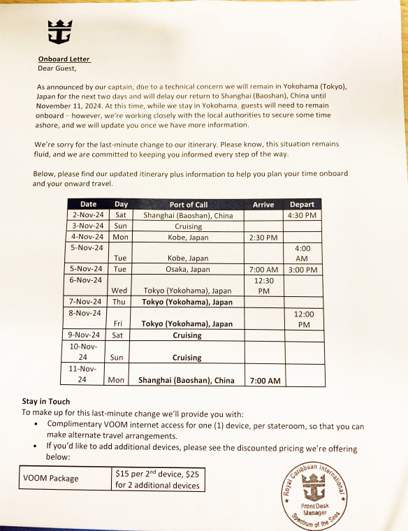 A letter provided to passengers explaining the delay. 