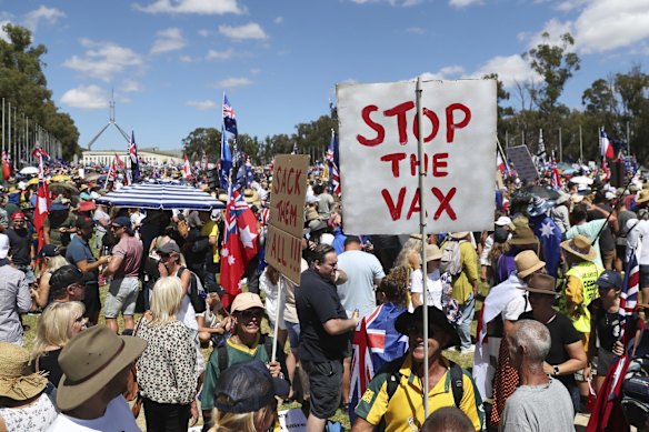 'Convoy to Canberra' protesters on the lawns between Parliament House, and Old Parliament House, in Canberra.
