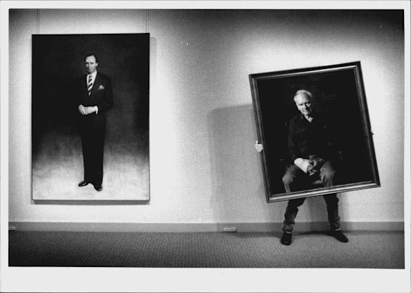 The Archibald winner and the peoples choice on the right. The portrait of Keating was painted by Bryan Westward and the peoples choice of Hugh Stretton was painted by Robert Lyall Hannaford. March 31, 1992. 